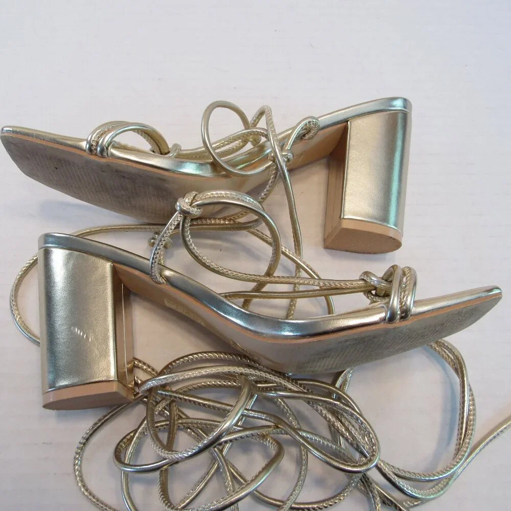 Elisabet Tang Metallic Gold Tie Up Block Heel Open Toe Sandals Size 9.5